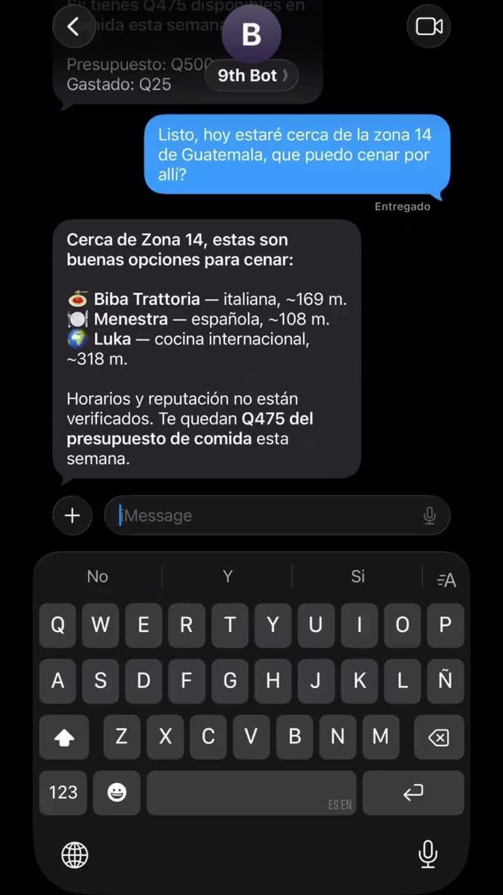 Nineth suggesting three places for dinner near Zona 14 in Guatemala City, noting the hours and reputation aren't verified and that Q475 is left in the weekly food budget