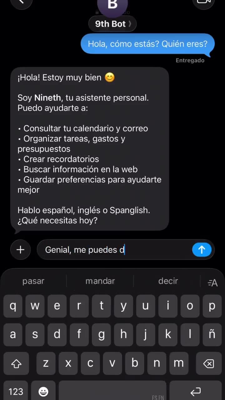 iMessage chat where Nineth introduces itself as a personal assistant and lists what it can help with